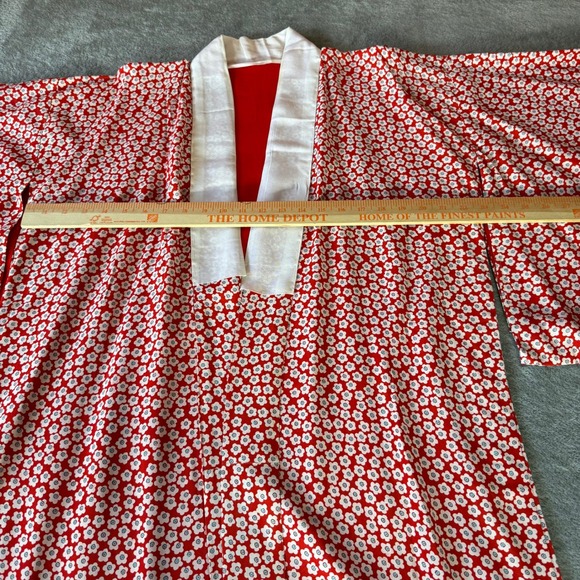 Vintage Japanese Silk Kimono Robe Red Floral Komon Full Length Boho Cottagecore - Picture 6 of 9